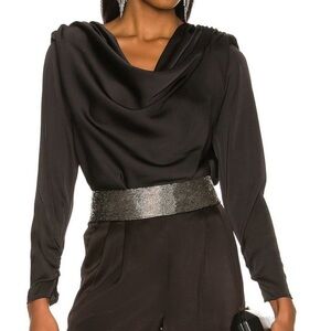 ASTR The Label Womens Blakely Black Drapey Top Shoulder Pad Thong Bodysuit NWT